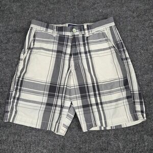American Eagle Mens Plaid Shorts Gray White Cotton Flat Front‎ Size 32 26841